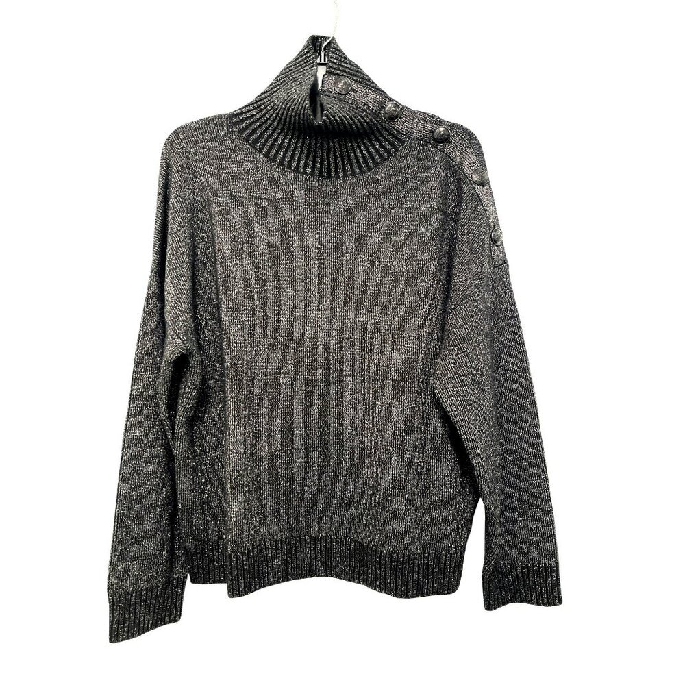 New The Kooples Button-Shoulder Metallic Black Turtleneck Sweater Sz M
